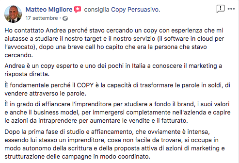 l'opinione di Matteo Migliore su Andrea LIsi e Copy Persuasivo™
