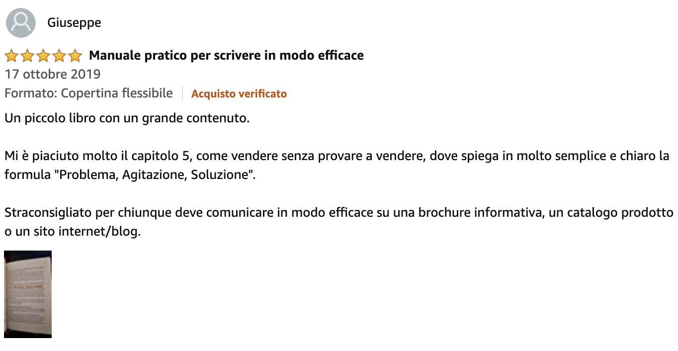 la recensione su amazon del Piccolo Libro della Scrittura Persuasiva di Andrea Lisi, di Copy Persuasivo™