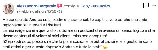 alessandro bergamin testimonianza sui servizi podcast persuasivo di copy persuasivo