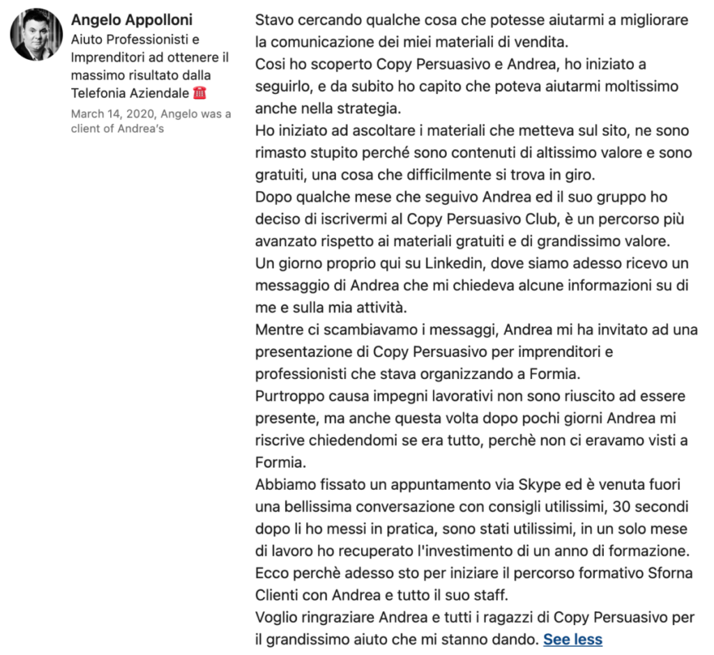 Copy Persuasivo testimonianza di Angelo Appolloni