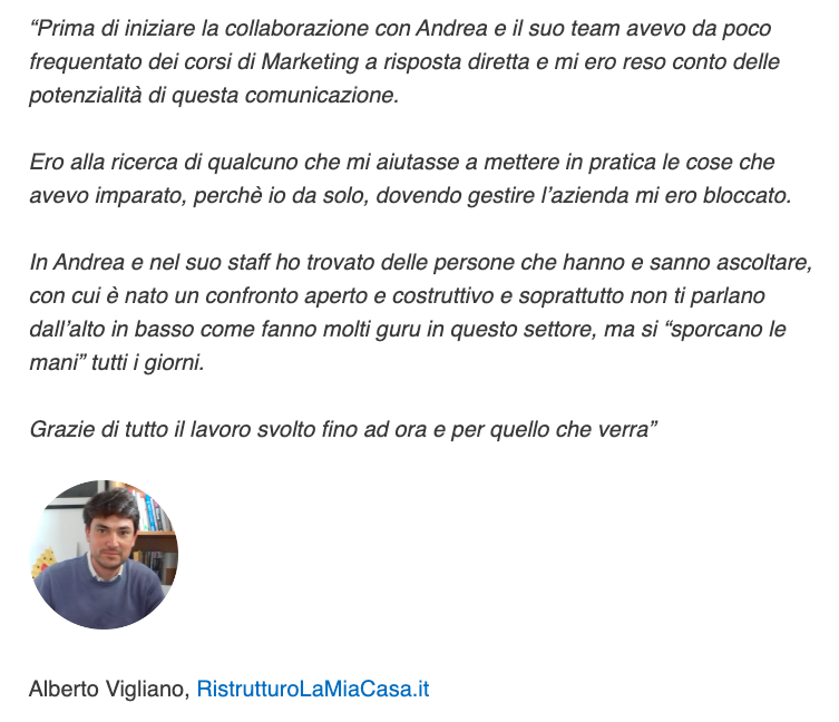 testimonianza di un cliente di andrea lisi copywriter marketing a risposta diretta