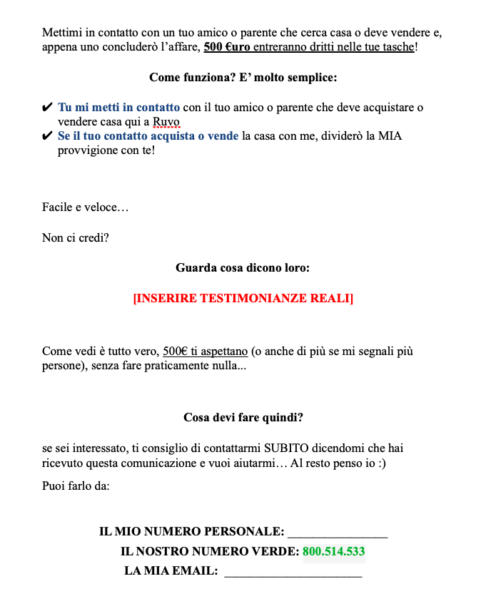 esempi lettere di acquisizione immobiliare tramite segnalatori