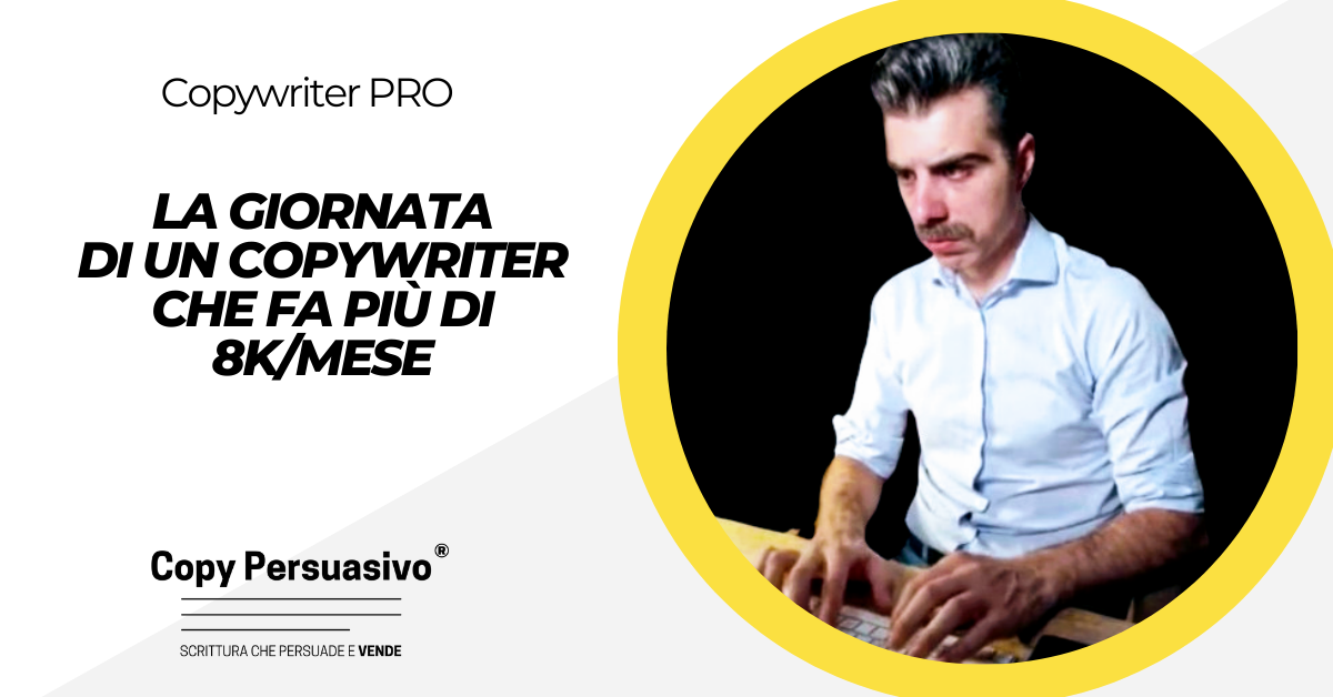 La giornata di un copywriter che fa più di 8k/mese - produttività copywriting, scrivere per progetti di marketing, tecniche di copywriting, sindrome del foglio bianco, scrivi col baffo, tecniche di copywriting, Andrea Lisi, copywriting persuasivo, guadagnare con il copywriting, gestione del tempo, time management