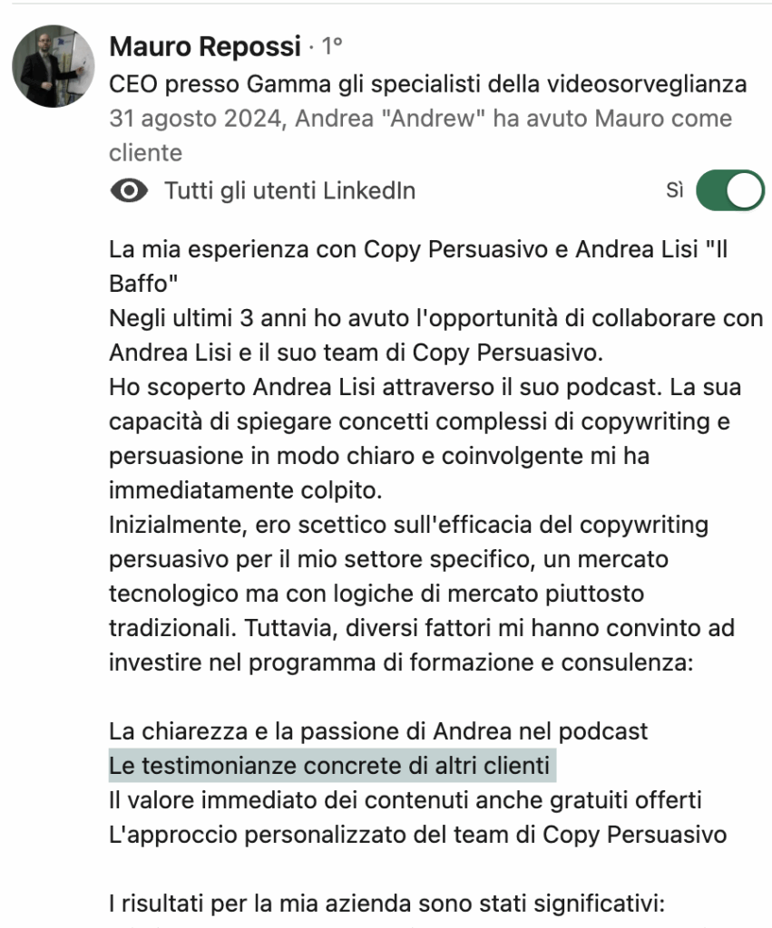 marketing per professionisti testimonianza mauro per andrea lisi