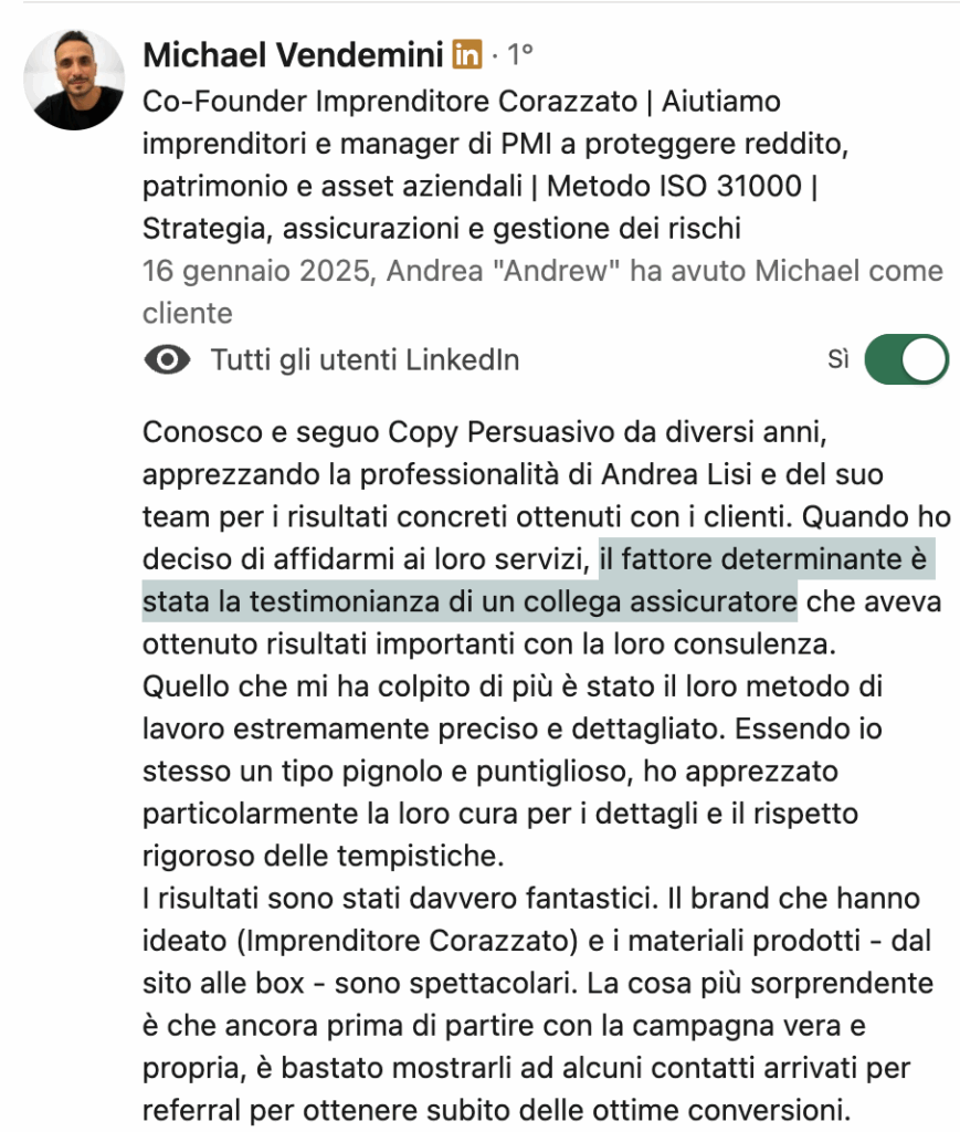 marketing per professionisti testimonianza michael per andrea lisi