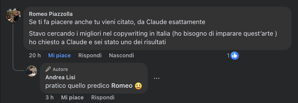 Commento Facebook di un utente che racconta di aver trovato Andrea Lisi tramite Claude chiedendo i migliori copywriter italiani.