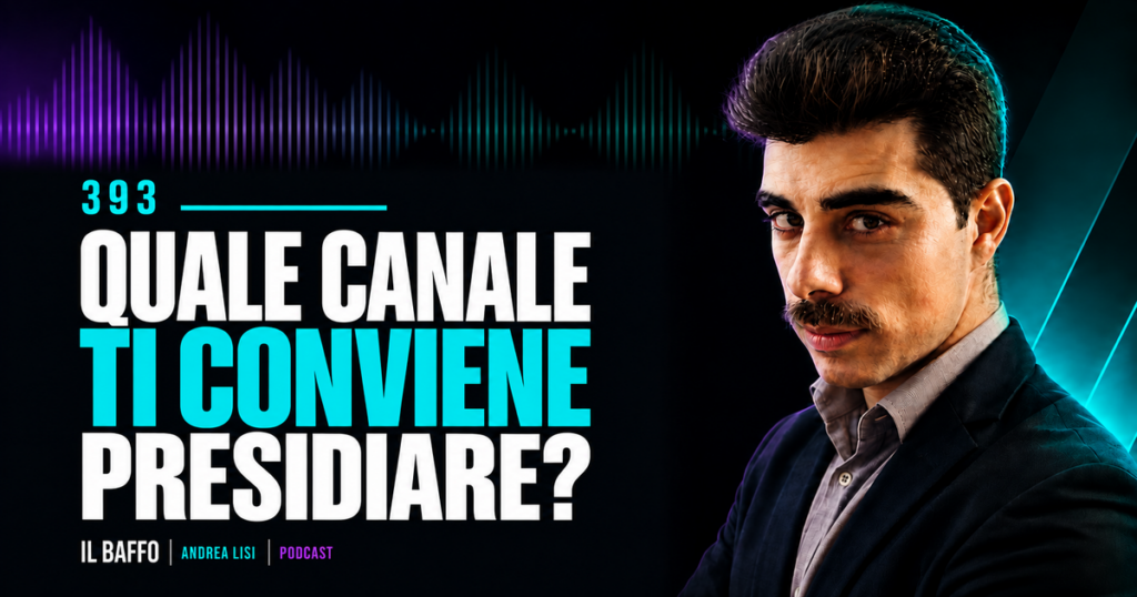 Andrea Lisi nella copertina della puntata 393 del Baffo Podcast: quale canale marketing ti conviene presidiare?