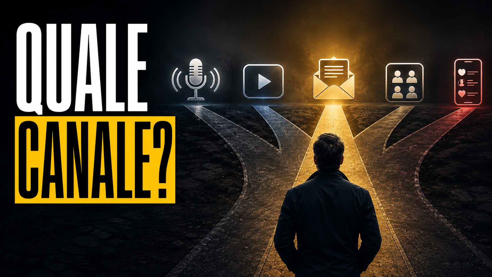 Imprenditore davanti alla scelta tra podcast, video, newsletter, networking e social media